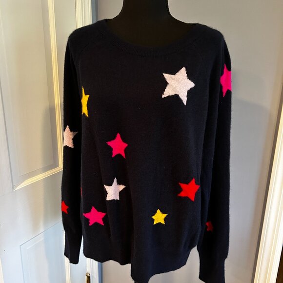 White + Warren, Dark Navy Cashmere Sweater with Stars, Ladies Size L - Picture 4 of 8